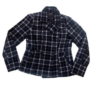 Jou Jou Black & Gray Plaid Wool Blend Pea Coat Women Large